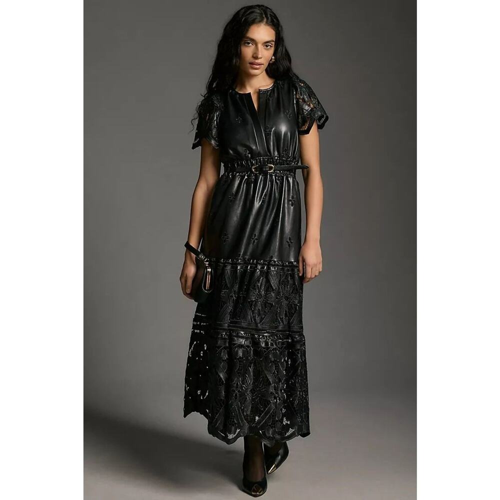 NWT Anthropologie The Somerset Maxi Dress: Faux Leather Embroidered BLACK XS